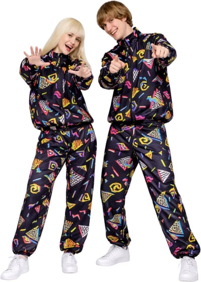 Joya Party® Retro Trainingspak Volwassenen | Jaren 80 & 90 Stijl | Unisex Oversized | Carnavalskleding Heren & Dames | Verkleedkleren Man & Vrouw | Verkleedpak | Carnaval, Halloween & Verkleedfeest | Zwart met Retro Print | Maat XS/S