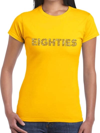 Eighties goud glitter tekst t-shirt geel dames - Jaren 80/ Eighties kleding S
