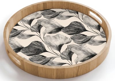 Dienblad rond 40x40 cm - Schootdienblad hout - Botanisch - Bladeren - Zwart - Borrelplank rechthoek - Plateau houten dienbladen