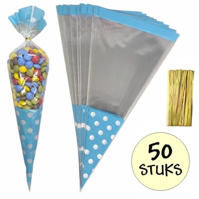 50x Cellofaan Puntzakken Blauwe Stippen 37x18 cm - 50 Stuks Uitdeelzakken - Traktatie Zak - Snoepzak - Inclusief Sluitstrips - 18x37 cm - Blauw - 50 Stuks