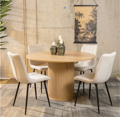 Combideal Eetkamerset: Ronde eettafel Nola eiken naturel 120 cm met 4 Lucille eetkamerstoelen - scandinavisch - Beige