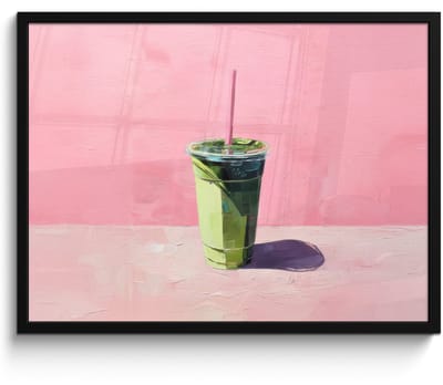 Poster in lijst - Fotolijst 80x60 cm - Posters - Beker - Rietje - Minimalistisch - Groen - Posterlijst zwart - Decoratie - Wanddecoratie woonkamer - Muurdecoratie slaapkamer