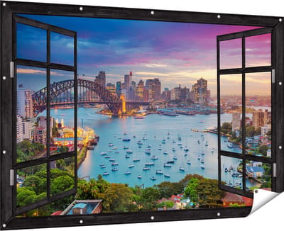 Gards Tuinposter Doorkijk Sydney Harbour Bridge in de Avond - 180x120 cm - Tuindoek - Tuindecoratie - Wanddecoratie buiten - Tuinschilderij