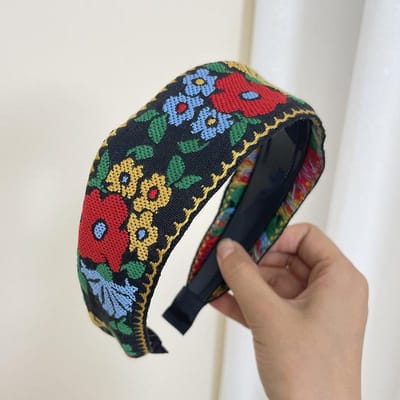 Boheemse Stijl Borduurwerk Hoofdband Etnische Breedgerande Haarband Blad Bloemenpatroon Haaraccessoires Hoofddeksels zwart