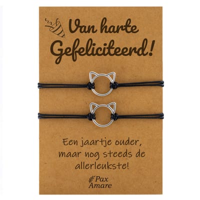Vriendschapsarmbandjes voor 2 "Van Harte Gefeliciteerd" - Schattig Katje - BFF Armbandjes met Cadeau Kaartje - Zwart & Zilverkleurig - Kat / Poesje Armband - Pax Amare