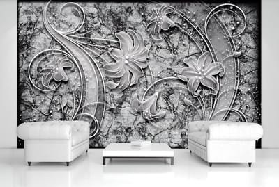 Floral Abstract Silver Grey Black Photo Wallcovering