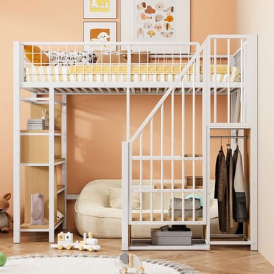 VVBV Hoogslaper 90x200 cm met Voor Volwassenen, Voor Kinderen/Tieners - Trap/Ladder, Planken, Opbergruimte - Metaal Wit