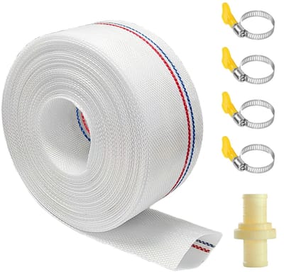 weefselslang, diameter 1 1/4, 32 mm, 10 m platte slang met 4 roestvrijstalen klemmen en een aansluiting, geschikt voor industriële en landbouwtoepassingen
