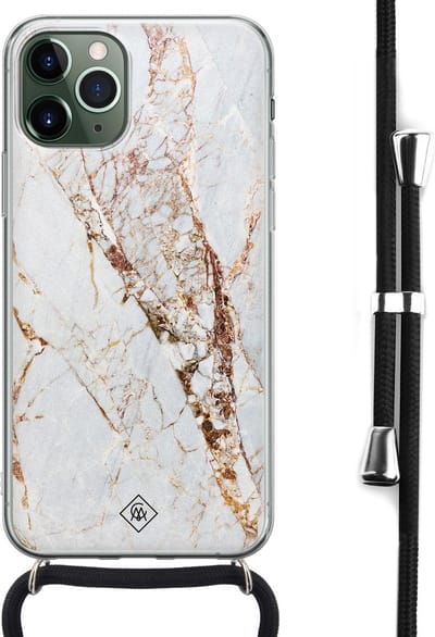 Casimoda® hoesje met koord - Geschikt voor iPhone 11 Pro - Marmer Goud - Afneembaar koord - Siliconen/TPU - Goudkleurig