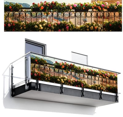 Balkonscherm 300x80 cm - Balkonposter Bloemen - Hek - Stadszicht - Zomer - Balkon scherm decoratie - Balkonschermen - Balkondoek zonnescherm
