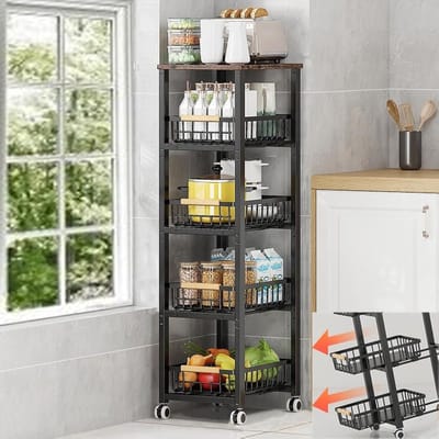 Manden van metaal met wieltjes, stapelbare containers voor de keuken, organizer, meerlaags fruit- en groenterek met uittrekbare lade