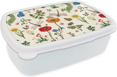 Broodtrommel Wit - Lunchbox - Brooddoos - Insecten - Bloemen - Zomer - Regenboog - Patroon - 18x12x6 cm - Volwassenen