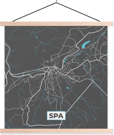 Posterhanger incl. Poster 40x40 cm - Schoolplaat - Plattegrond – Spa – Blauw – Stadskaart - Kaart - België - Textielposter - Blanke latten - Stadskaart