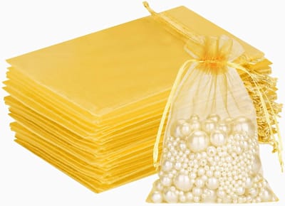 Organza zakjes voor bruiloften in goud, 10 x 15 cm, 50 stuks met trekkoord, ideaal voor snoep en cadeau's