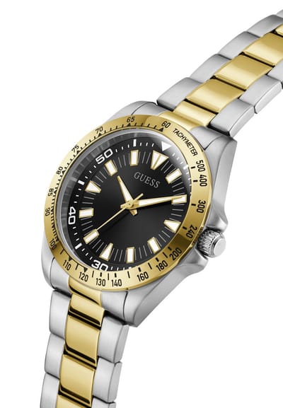Guess Neo Quartz Analoog Horloge Zilverkleurig En Goudkleurig Kast Gemaakt Van 100% Roestvrij Staal En Een Armband Van 100% Roestvrij Staal 42 GW1064G3, GW1064G4