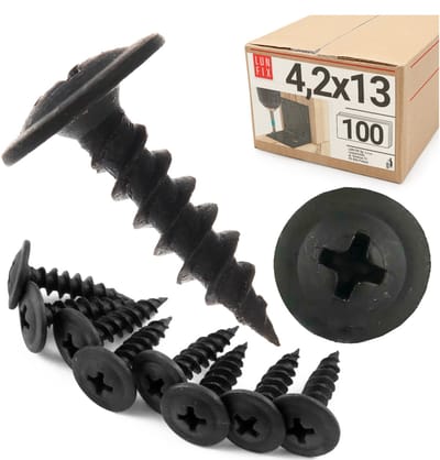 LUN FIX - Set zelftappende schroeven 4,2x13 mm - 100 stuks - gefosfateerd zwart - schijfflens voor plaat, kunststof op hout