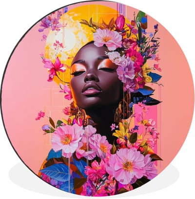 WallCircle - Wandcirkel - Muurcirkel - Kleurrijk - Bloemen - Vrouw - Zon - Aluminium - Dibond - 30x30 cm - Binnen en Buiten