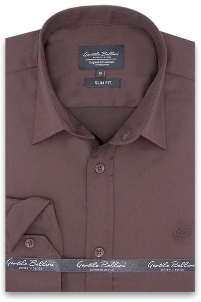 Heren Overhemd - Slim Fit - Luxury Plain Satijn - Bruin - Maat S