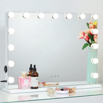 Make-upspiegel met 15 ledlampjes - Hollywoodstijl - Verlicht touchscreen - 3 kleurmodificaties - Instelbare helderheid - USB - Tafelblad of wandhouder