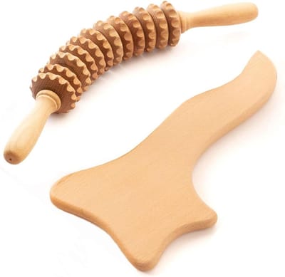 Anti-cellulitis massageset - massageapparaat massageroller met handvat - Gua Sha maderotherapie van hout