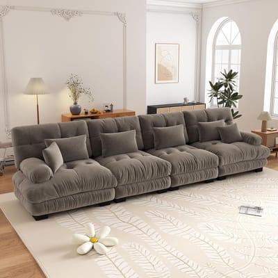 4-zits Bank, Modulaire Hoekbank met Diepe Zitting, Chenille Slaapbank, Comfortabel Bekleed voor Woonkamer, Appartement, Studio, Kantoor, Chenille-Bruin