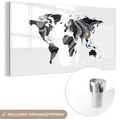 ® Glasschilderij 160x80 cm - Schilderij acrylglas - Wereldkaart - Goud - Zilver - Zwart - Foto op glas - Muurdecoratie woonkamer - Wanddecoratie slaapkamer - Schilderijen