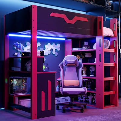 Hoogslaper Met Bureau, Groot Houten Hoogslaper Van 90x200 Cm Met Bureau, Opbergruimte Op Meerdere Niveaus, Ledverlichting En Trap Met Opbergruimte, Tienerhoogslaper - Kinderhoogslaper,Zwart