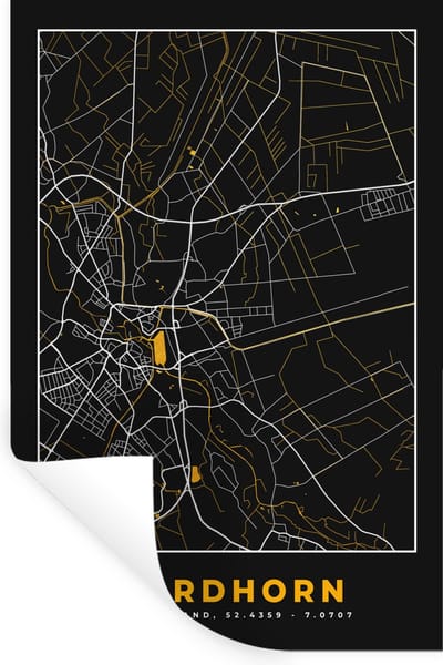 Muurstickers - Sticker Folie - Nordhorn – Stadskaart – Gold – Plattegrond – Stadskaart – Kaart - Duitsland - 20x30 cm - Plakfolie - Muurstickers Kinderkamer - Zelfklevend Behang - Zelfklevend behangpapier - Stickerfolie