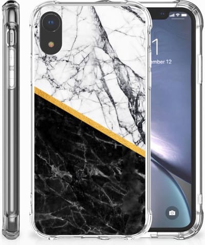 TPU Case Anti-Shock voor Apple iPhone Xr Anti-Shock Hoesje Marmer Wit Zwart - Origineel Cadeau Man