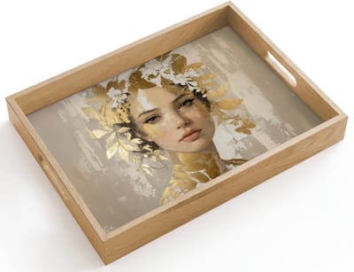 Dienblad hout 40x30 cm - Schootdienblad - Gezicht - Vrouw - Bladeren - Goud - Borrelplank rechthoek - Plateau dienbladen