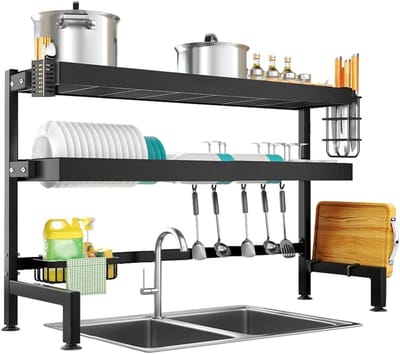 Famanu – Afdruiprek boven de gootsteen – 3-laags roestvrij stalen afdruiprek – Met snijplankhouder en keukengerei – 105 cm – Zwart