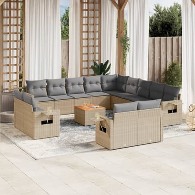 vidaXL - 14-delige - Loungeset - met - kussens - poly - rattan - gemengd - beige