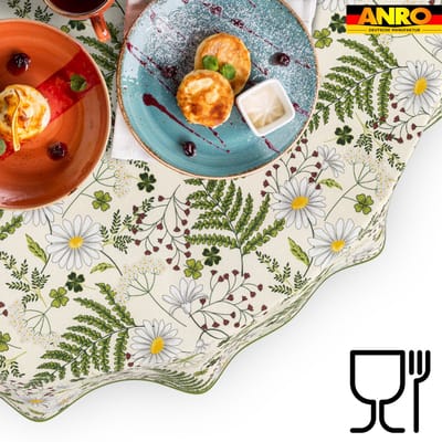 ANRO Tafelkleed Kamille Groen Rond Ø100cm Met sierband Afwasbaar Waterafstotend Binnen & Buiten