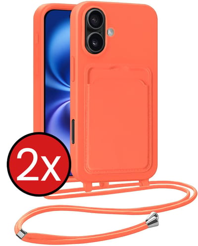 Hoesje Geschikt voor iPhone 16 Plus Hoesje Met Telefoonkoord en Pasjeshouder Siliconen - Hoes Geschikt voor iPhone 16 Plus Hoesje Met Kaarthouder Case - Papaya - 2 PACK
