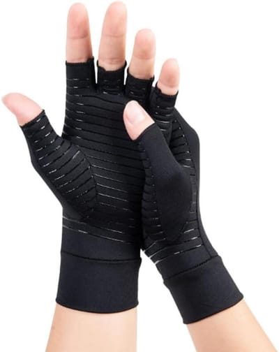 Allecto Plus - Dubbele Koperen Handschoenen voor Artritis - Verlicht Reumatoïde Handpijn - Halve Vingerhandschoenen - Pijnverlichting en Opwarmen - Zwart in L (Zwart in M)