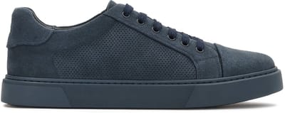 Navy blue suede men's sneakers with perforated upper