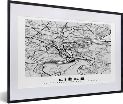Fotolijst incl. Poster Zwart Wit- Kaart – Plattegrond – Stadskaart – Liège – België – Zwart Wit - 60x40 cm - Posterlijst