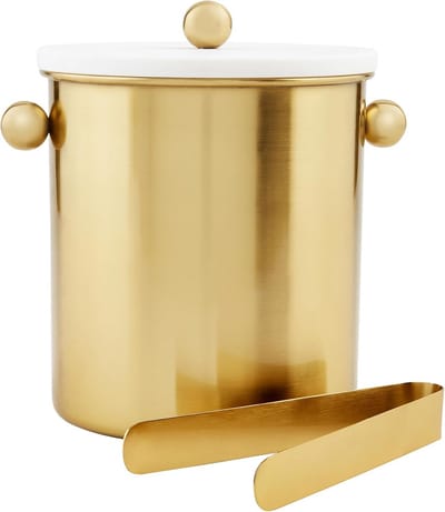 Luxe IJsemmer met Marmeren Deksel en Tang - Gouden Metalen Isemmer voor Drankjes
