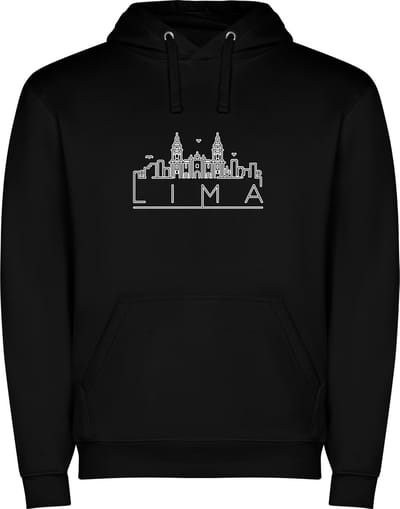 Zwarte unisex hoodie met “ Skyline Lima – Vakantiegevoel – Strak – Modern “ Print Full Color Color merk Roly maat S