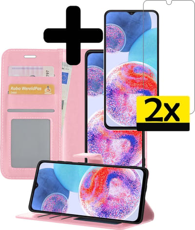 Hoesje - Met 2x Screenprotector - Geschikt voor Samsung Galaxy A23 - Luxe Pasjeshouder - Bookcase Portemonee - Flip Case - Kunstleer Book Case - Flipcase Hoes - Book Cover - Walletcase - Portemonneehoes - Telefoonhoesjes - Lichtroze