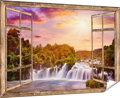 Gards Tuinposter Doorkijk Watervallen in het Bos - 180x120 cm - Tuindoek - Tuindecoratie - Wanddecoratie buiten - Tuinschilderij