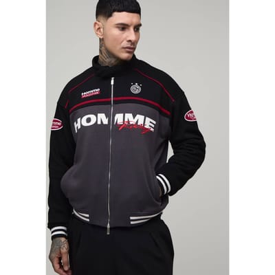 Tall Boxy Fit Biker Collared Colour Block Moto Jersey Jacket | Black | Size Medium