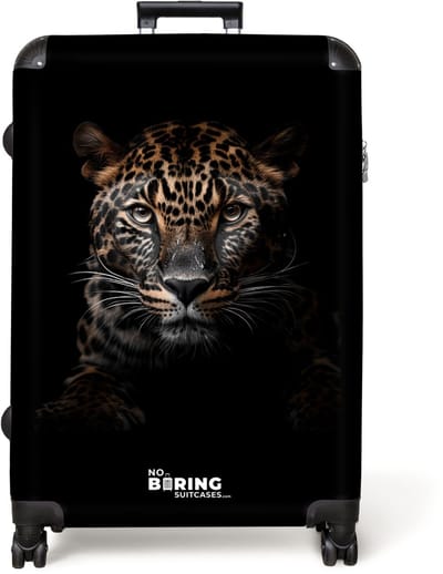 NoBoringSuitcases.com® - Koffer groot - Reiskoffer lichtgewicht - Lichtbruine panterkop op zwarte achtergrond - Rolkoffer met 4 wielen - Grote trolley XL - 98 liter bagage