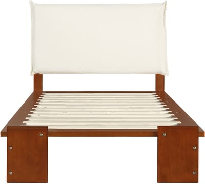 Gestoffeerd Kinderbed / Eenpersoonsbed 90×200cm Donkerbruin, Met Gevuld Hoofdbord, Stabiele Lattenbodem en Brede Poten van Kieferhout, Spons en Multiplex, Zonder Matras