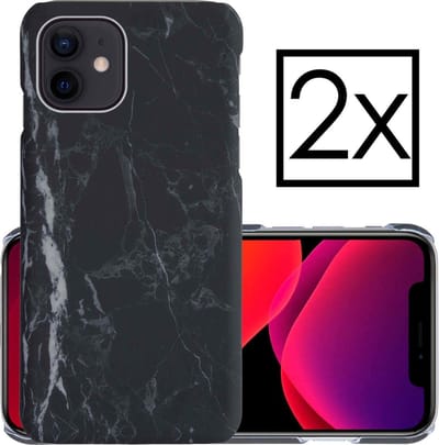 Hoes Geschikt voor iPhone 12 Hoesje Marmer Back Case Hardcover Marmeren Hoes Marmer - Zwart - 2 PACK