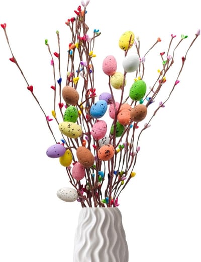 KZQ Kunststof Paastak Set 24 Delig 40cm, Paastakken met Gekleurde Eieren en Waaier Eieren, Voorjaars Takken voor Bloemschikken Stuk Middenstuk Krans Decoratie