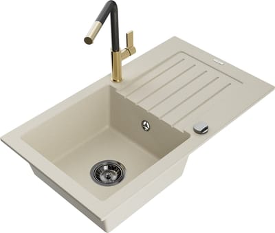 Mexen Pablo granieten gootsteen 1-komor met afdruiprek en keukenmengkraan Flora, beige - 6510-69-670401-57-B