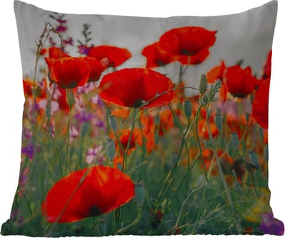 Tuinkussen - Klaproos - Bloemen - Rood - Paars - Weide - 40x40 cm - Weerbestendig