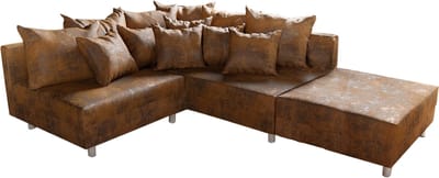 Hoekbank Clovis bruin antiek look met hocker ottomane rechts hoekbank modulair