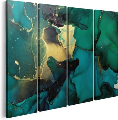 Artaza Canvas Schilderij Vierluik Abstracte Kunst - Groen met Goud - 160x120 - Groot - Foto Op Canvas - Canvas Print